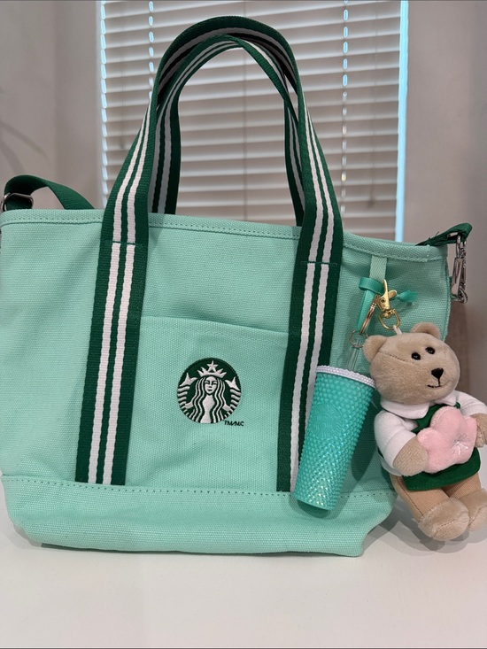 Starbucks Handbags - Starbucks Mint Green Canvas Tote Bag with Striped Handles